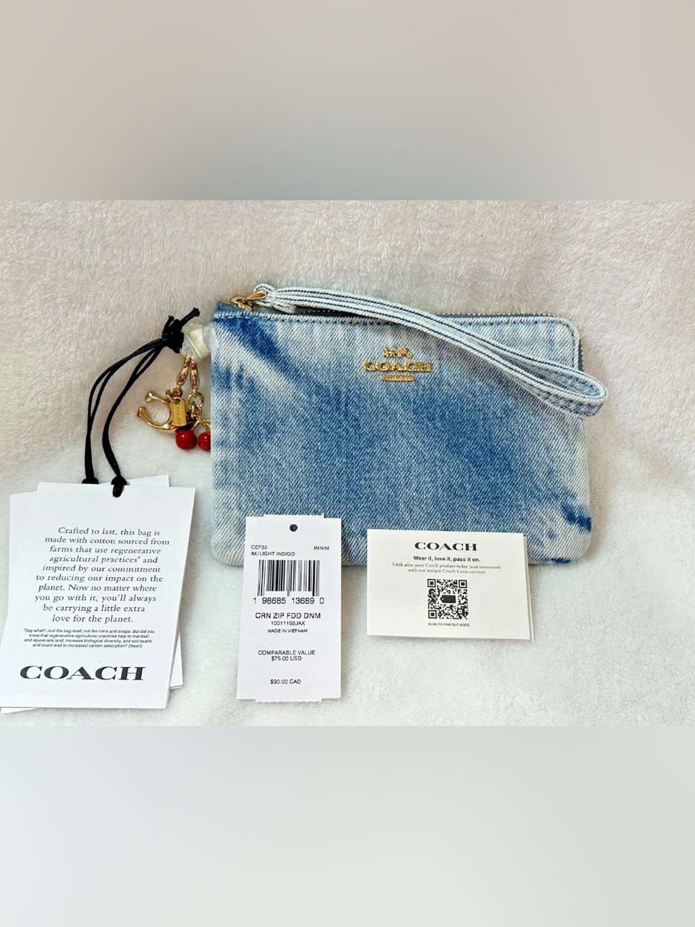 Coach ~ Corner Zip Blue Faded Denim Jean Wallet Wristlet Bag - 2 Charms - NWT!